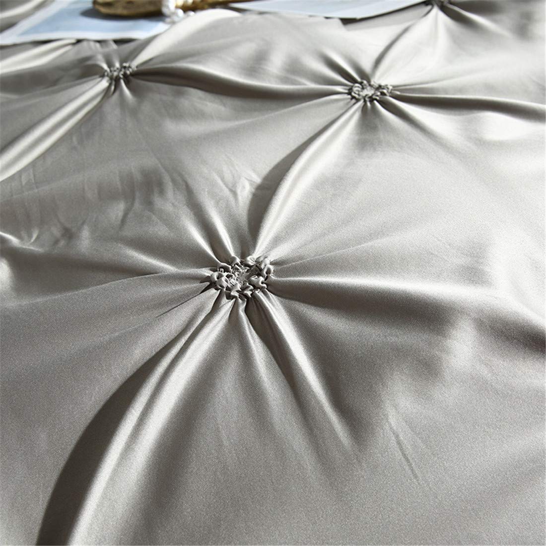 Erosebridal Grey Pinch Pleated Duvet Cover Set - King Size Silk-Like Satin Pintuck Bedding with Zipper & Ruffle Design, Luxury Microfiber Comforter Cover for Master Bedroom, Guest Room & Hotel Decor