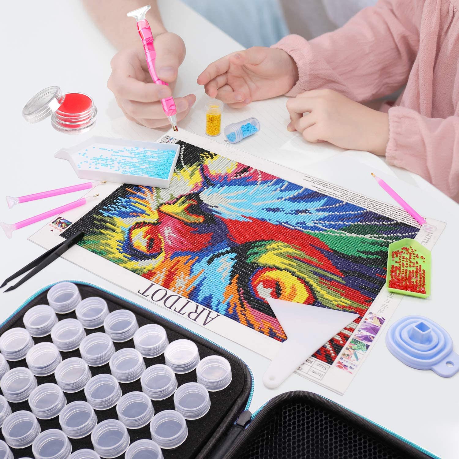 CACIHOM 60 Grids Diamond Painting Storage Container with 60 Bottles - Round Double Zipper Carry Case for Diamond Art Kits - Perfect for DIY Crafts, Home Decor & Travel Organization