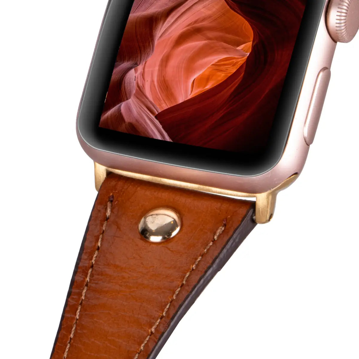 Burnished Tan Leather Double Tour Slim Apple Watch Band with Gold Rivet - Stylish & Durable Replacement Strap for Work, Travel & Everyday Wear