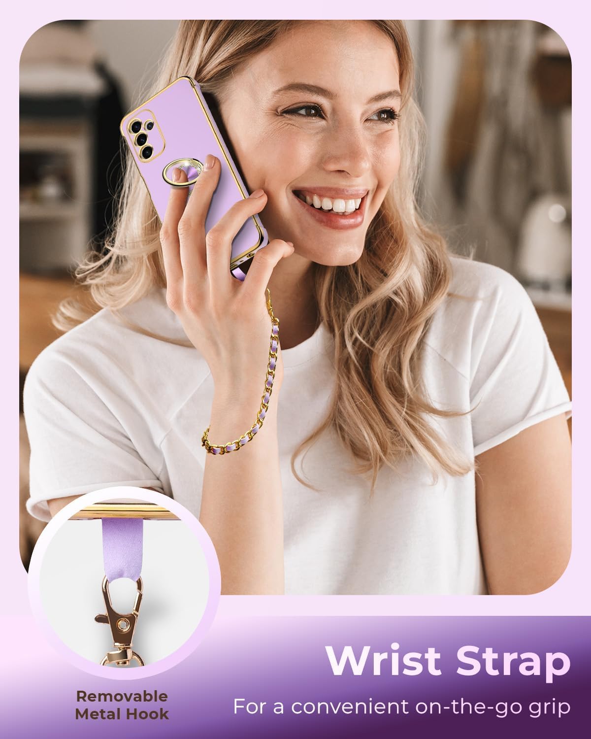 Luxury Electroplated Samsung Galaxy S24 Plus Case with Ring Holder & Lanyard - Soft Shockproof Protective Cover for Women & Girls (Purple) - Perfect for Work, Travel, and Everyday Use