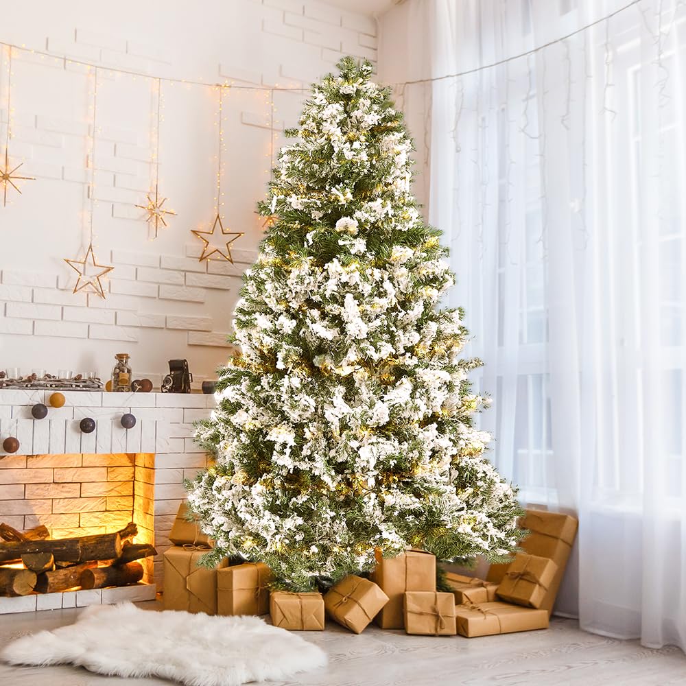 7.5FT Pre-Lit Snow Flocked Artificial Christmas Tree with 550 Warm White LED Lights - Holiday Decor for Home, Office & Party - Sturdy Metal Hinges & Base - Perfect for Living Room, Entryway & Festive Gatherings