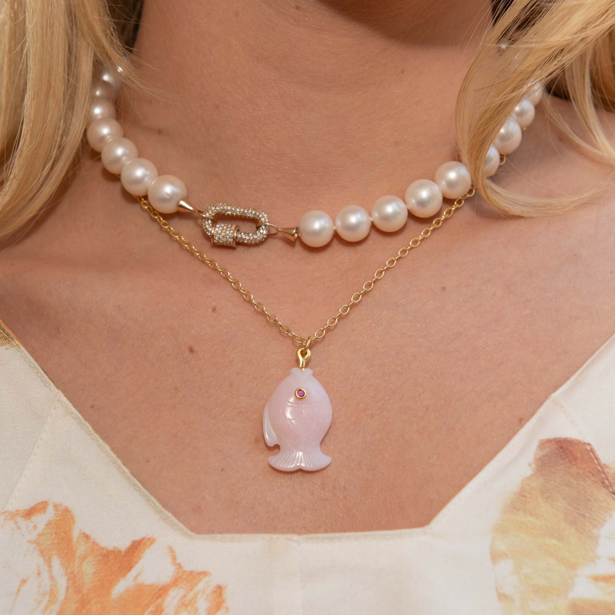 14K Gold Pink Opal & Pink Sapphire Fish Pendant Necklace - Elegant Jewelry Gift for Women, Perfect for Birthdays, Anniversaries & Special Occasions