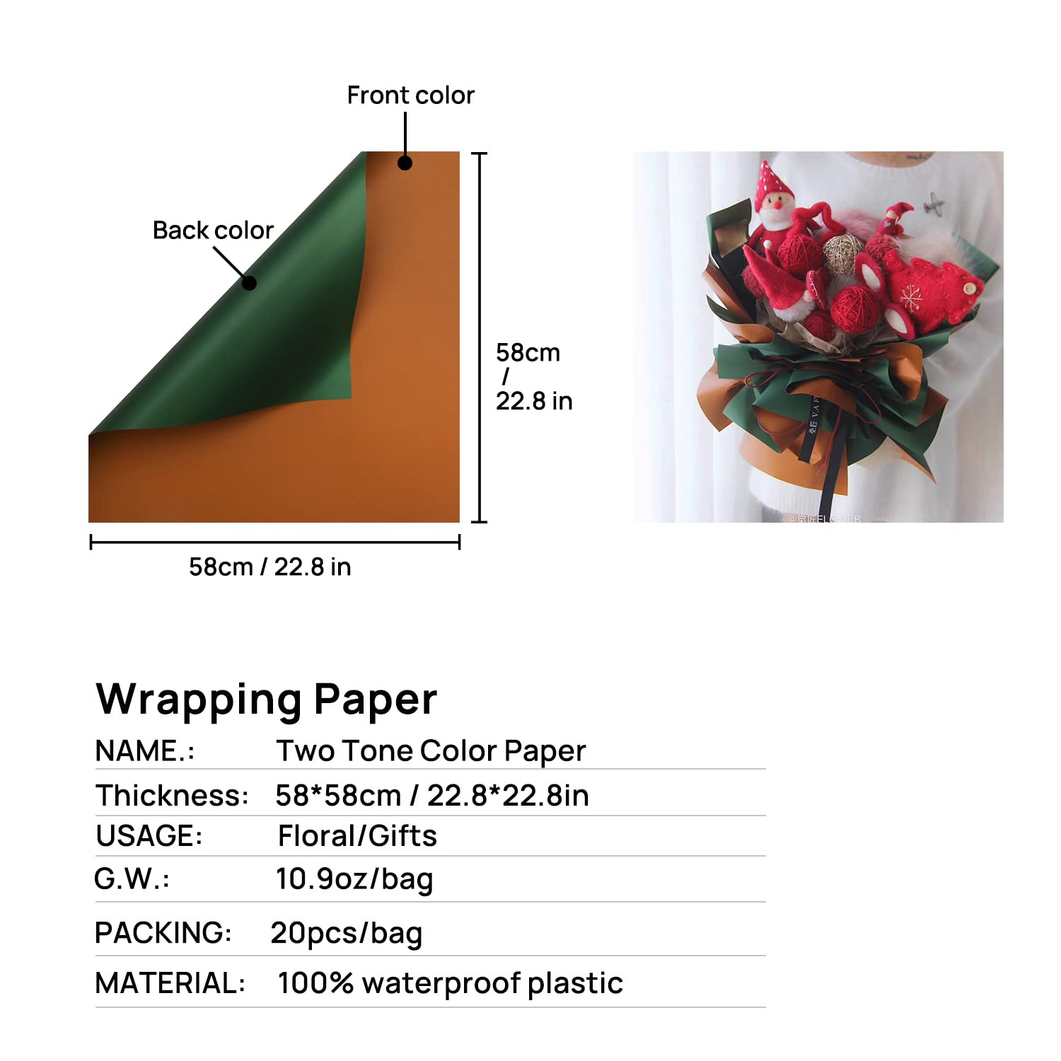 HYSSINOWRAP Double Sided Waterproof Gift Wrapping Paper - 20 Sheets 23.6x23.6 Inch DIY Floral Design for Birthday, Wedding, Christmas & Party Decorations (Deep Green)