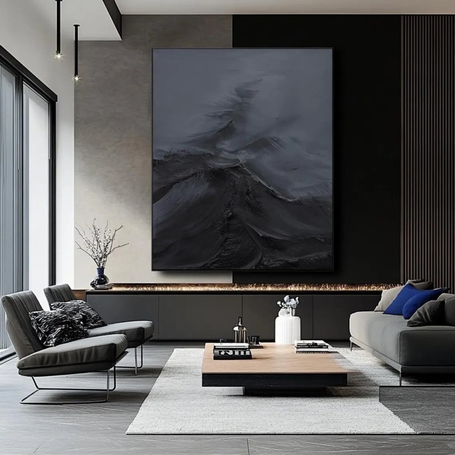 Black Minimalist Textured Abstract Wall Art Painting #MZ143 - Modern Home Decor for Living Room, Bedroom & Office