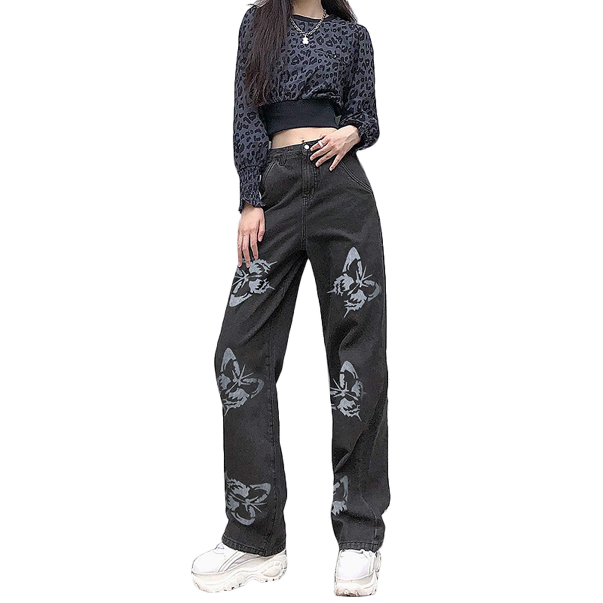 Women's High Waisted Butterfly Print Wide Leg Jeans - Vintage Denim Pants with Harajuku Korean Style | Perfect for Casual Outfits, Streetwear Fashion and Retro Looks