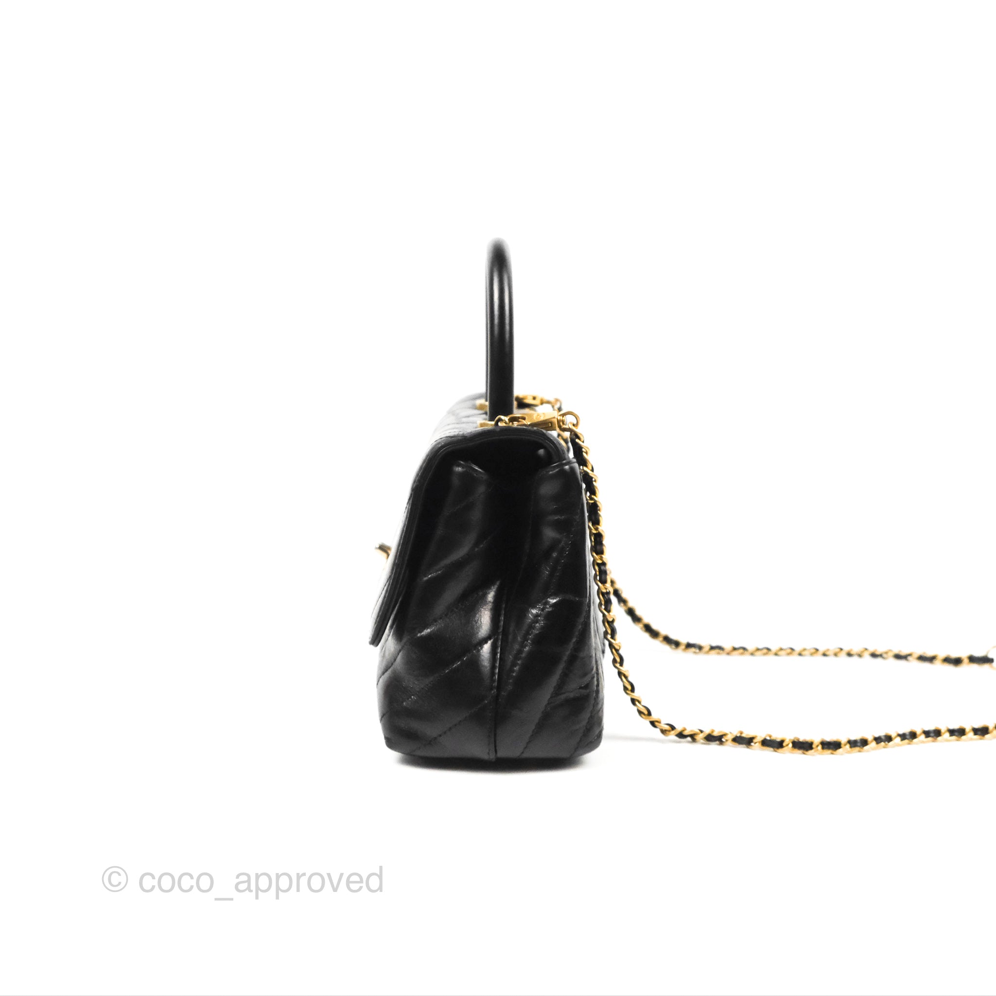 Chanel Chevron Small Coco Handle Bag - Black Shiny Aged Calfskin with Aged Gold Hardware | Luxury Crossbody Purse for Women, Perfect for Evening Parties & Date Nights