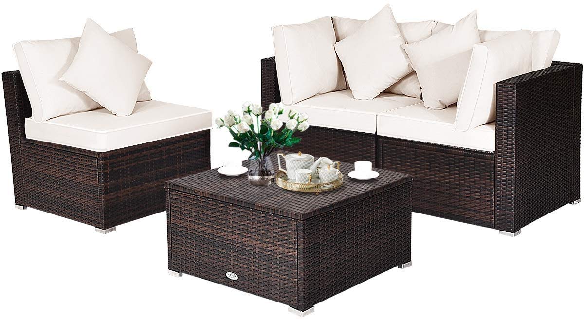 HAPPYGRILL 4-Piece Outdoor Patio Furniture Set - Rattan Wicker Conversation Sofa with Ottoman, Cushions & Pillows - Garden, Lawn, Balcony, Backyard Furniture for Relaxing & Entertaining
