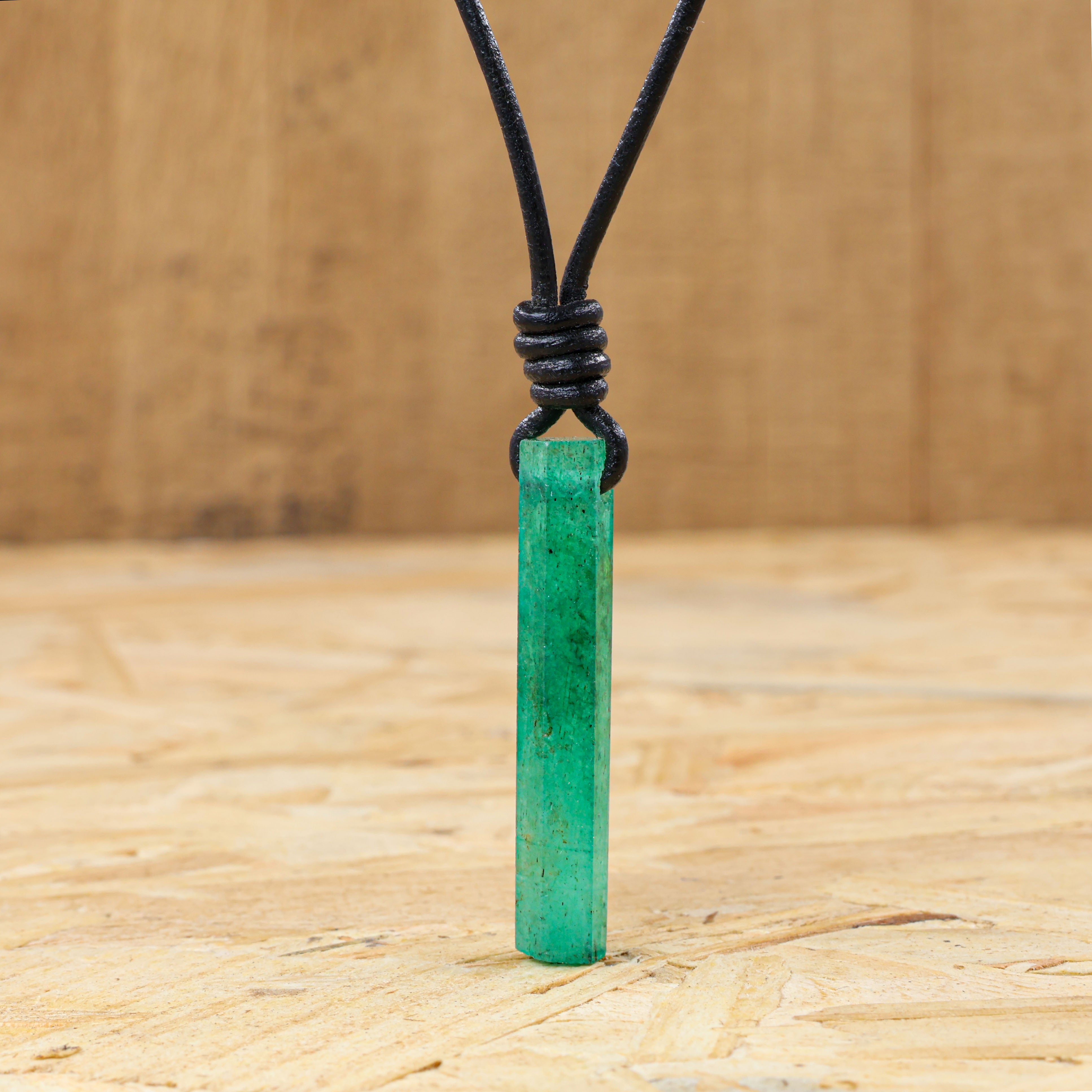 Natural Emerald Pencil Necklace with Leather Cord Pendant - Elegant Jewelry for Women, Perfect for Daily Wear, Office & Special Occasions