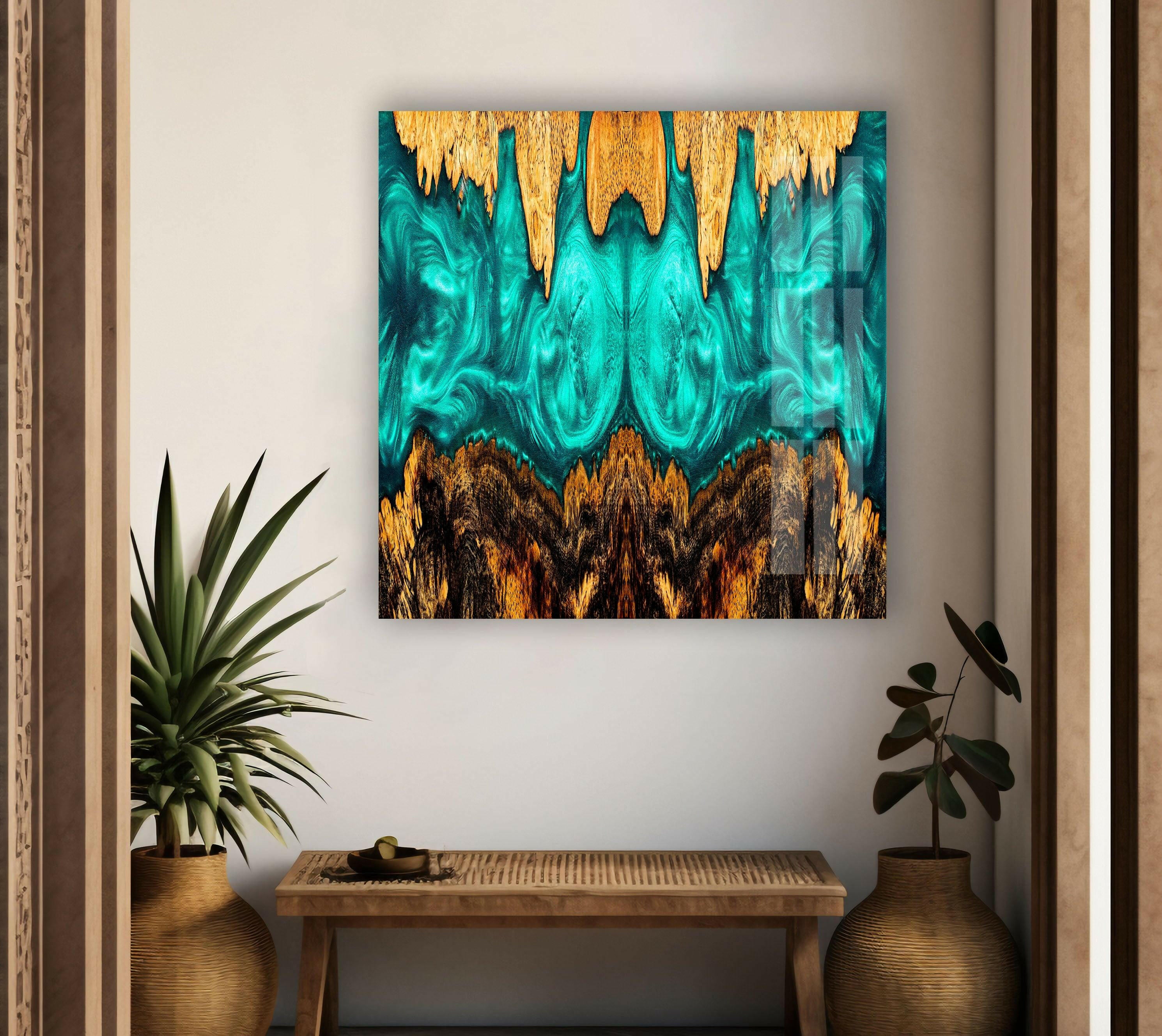 Blue Epoxy Resin Abstract Glass Wall Art - Handmade Modern Home Decor for Living Room, Bedroom & Office