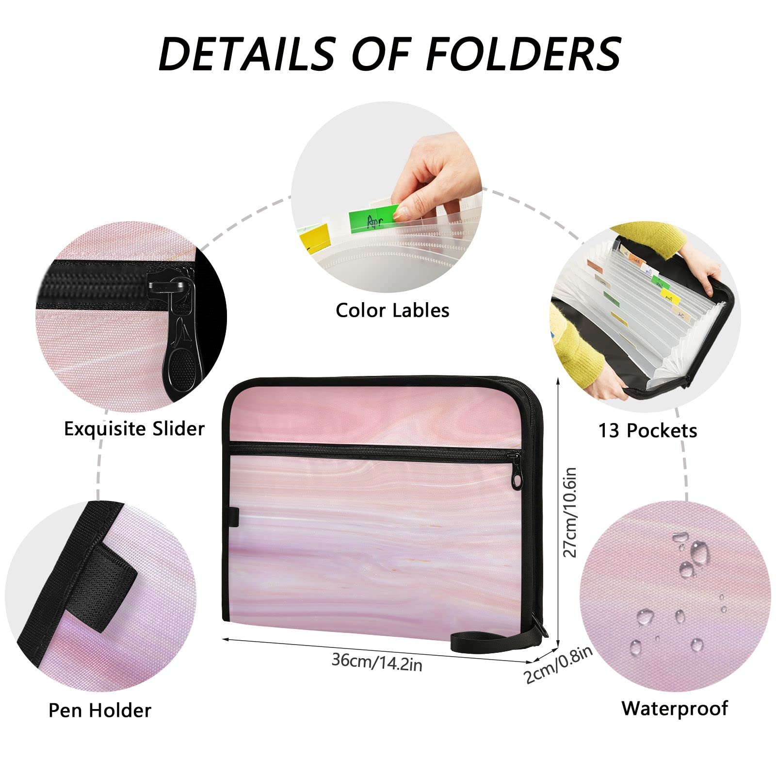 Kcldeci 13 Pocket Expanding File Folder - Pink Marble Accordion Organizer with Zipper Closure for A4/Legal Documents | Perfect for Office, School & Home Organization