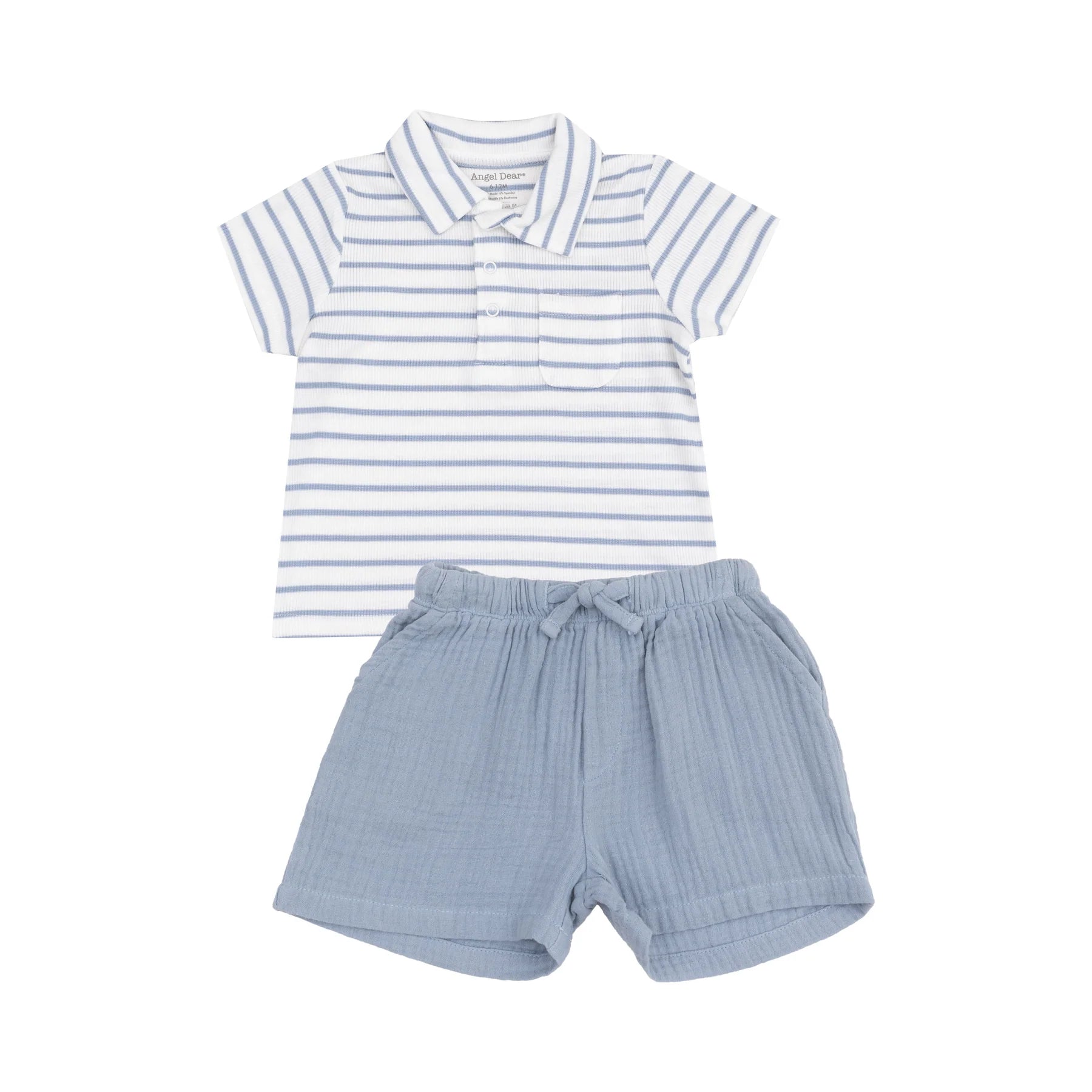 French Stripe Dusty Blue Polo Shirt & Muslin Shorts Set - Men's Casual Summer Outfit for Beach, Vacation & Outdoor Activities