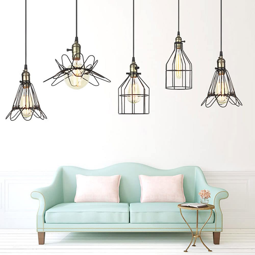 Industrial Pendant Lighting Fixture - Adjustable Cage Hanging Light with Geometric Metal Shade, Black Finish, E27 Base - Perfect for Kitchen Island, Living Room, Bar, Farmhouse & Hallway Lighting