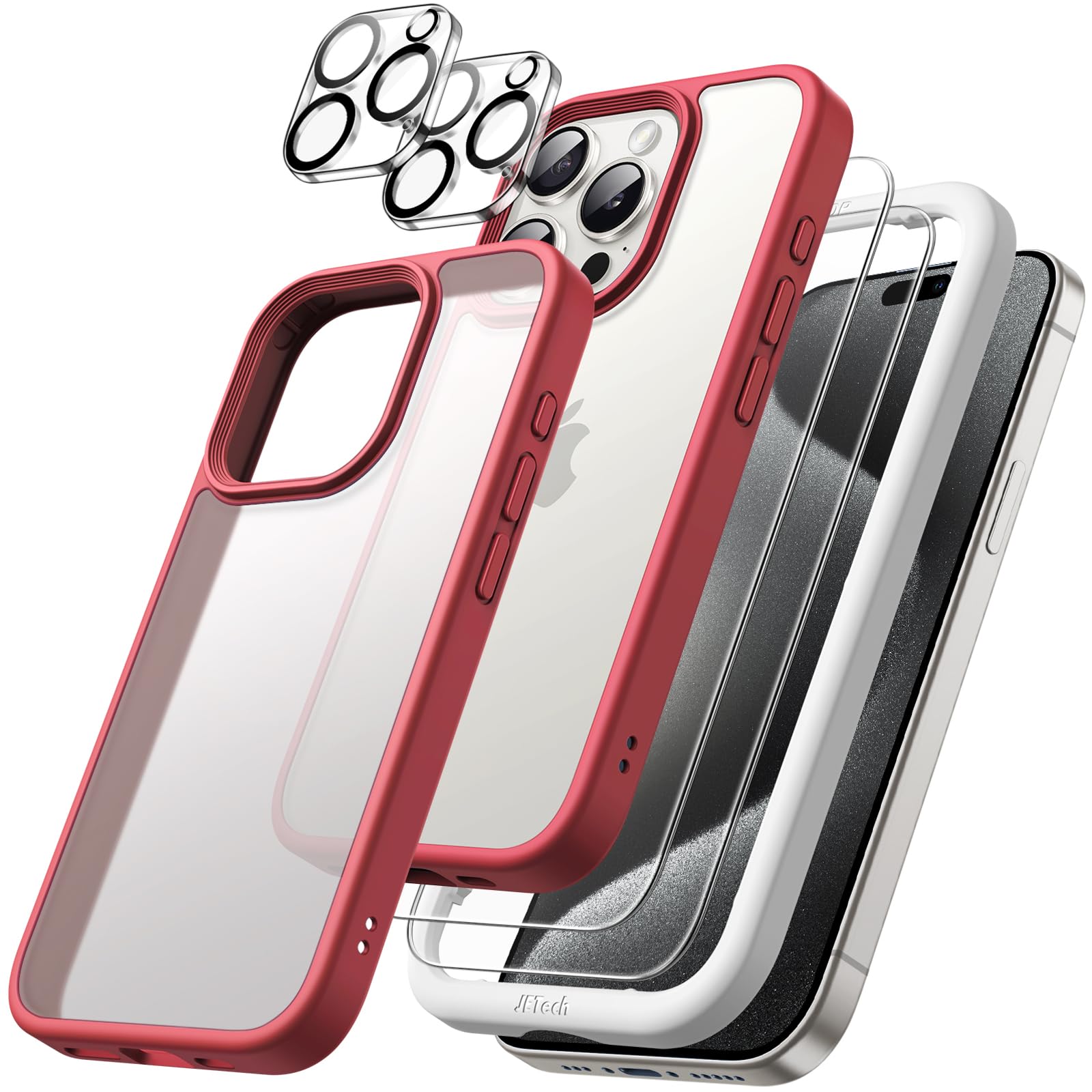 JETech 5 in 1 Matte Shockproof Case for iPhone 15 Pro Max 6.7-Inch with 2-Pack Tempered Glass Screen Protector & Camera Lens Protector - Translucent Back Protective Phone Cover (Maroon) | Perfect for Everyday Use, Travel & Outdoor Activities