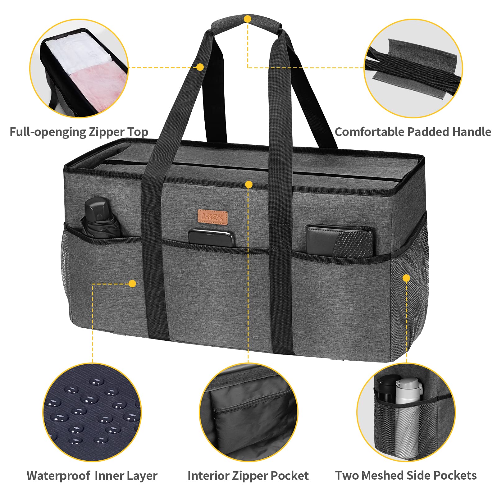 LHZK Extra Large Stand Up Utility Tote Bag with Lid - Reinforced Metal Wire Frame & Sides - Perfect for Grocery Shopping, Beach Trips, and Storage Organization