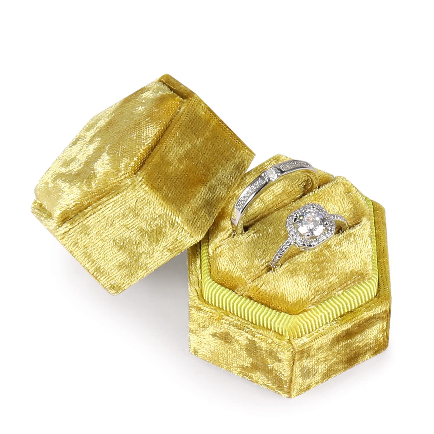 Luxury Velvet Hexagon Ring Box for Wedding & Engagement - 2-Slot Velvet Jewelry Case with Premium Velvet Lining - Perfect for Proposal, Bridal Photos & Gift Presentation (Yellow)
