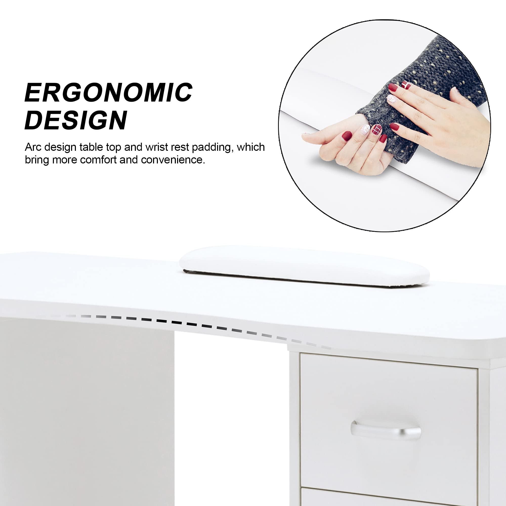 Professional Manicure Table for Nail Technicians - Acetone-Resistant Nail Salon Desk with 4 Drawers, 2 Storage Cabinets & Lockable Wheels - Ergonomic Wrist Pad - Perfect for Beauty Salons, Nail Studios & Home Spa Use