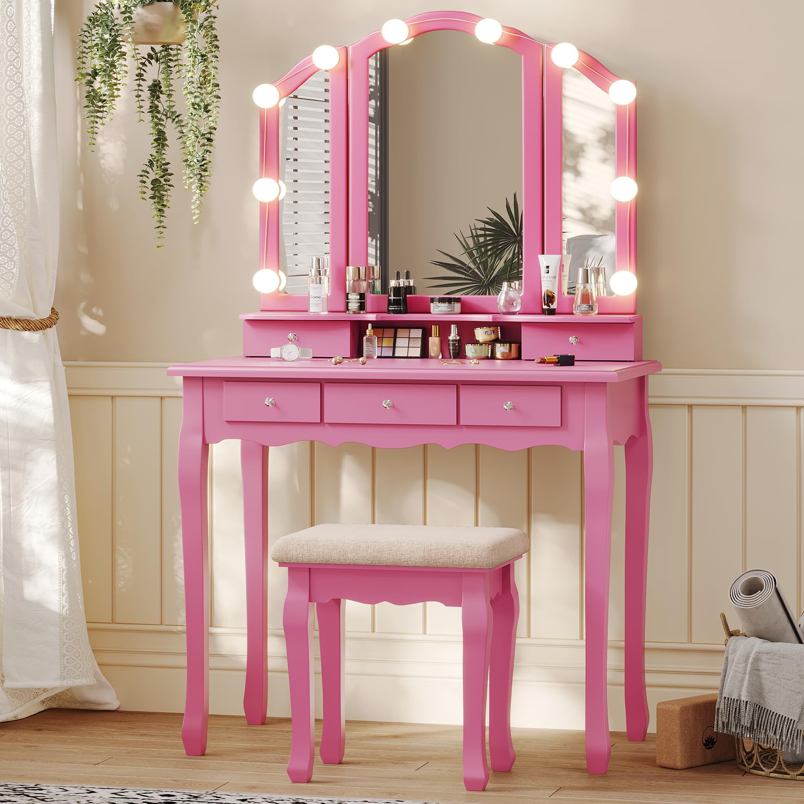 Tiptiper Vanity Desk with Tri-Fold Mirror & LED Lights, Pink Makeup Dressing Table with Wooden Stool, 5 Drawers & 8 Jewelry Hooks - Perfect for Small Spaces, Bedroom Decor & Gift Ideas