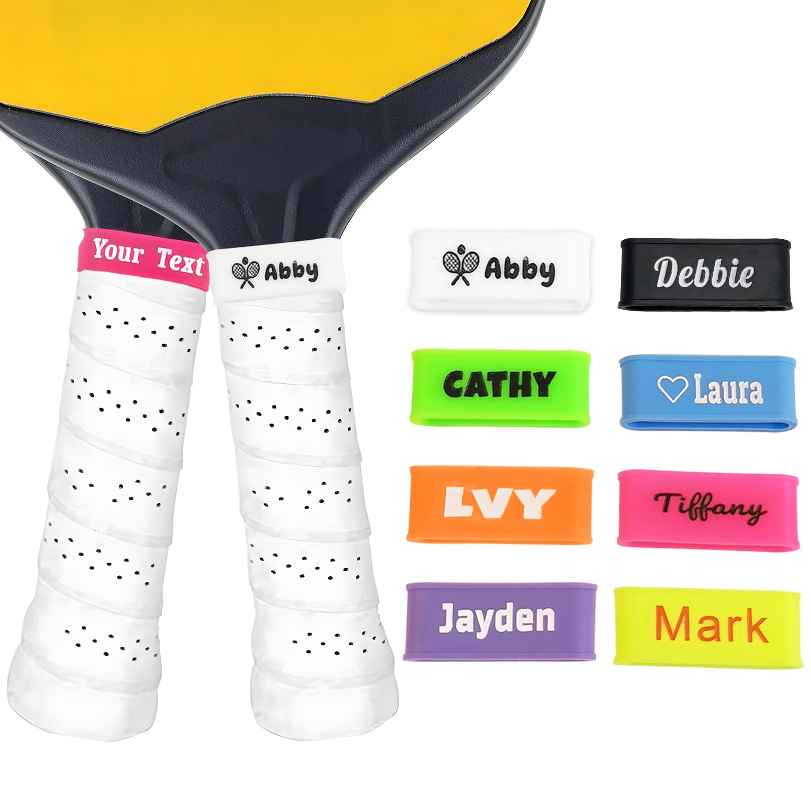 2 Pcs Custom Pickleball Paddle Name Bands - Personalized Silicone Grip Bands for Pickleball Rackets - Perfect for Tournaments, Gifts & Improving Grip (Black/White) - Great for Outdoor & Indoor Play