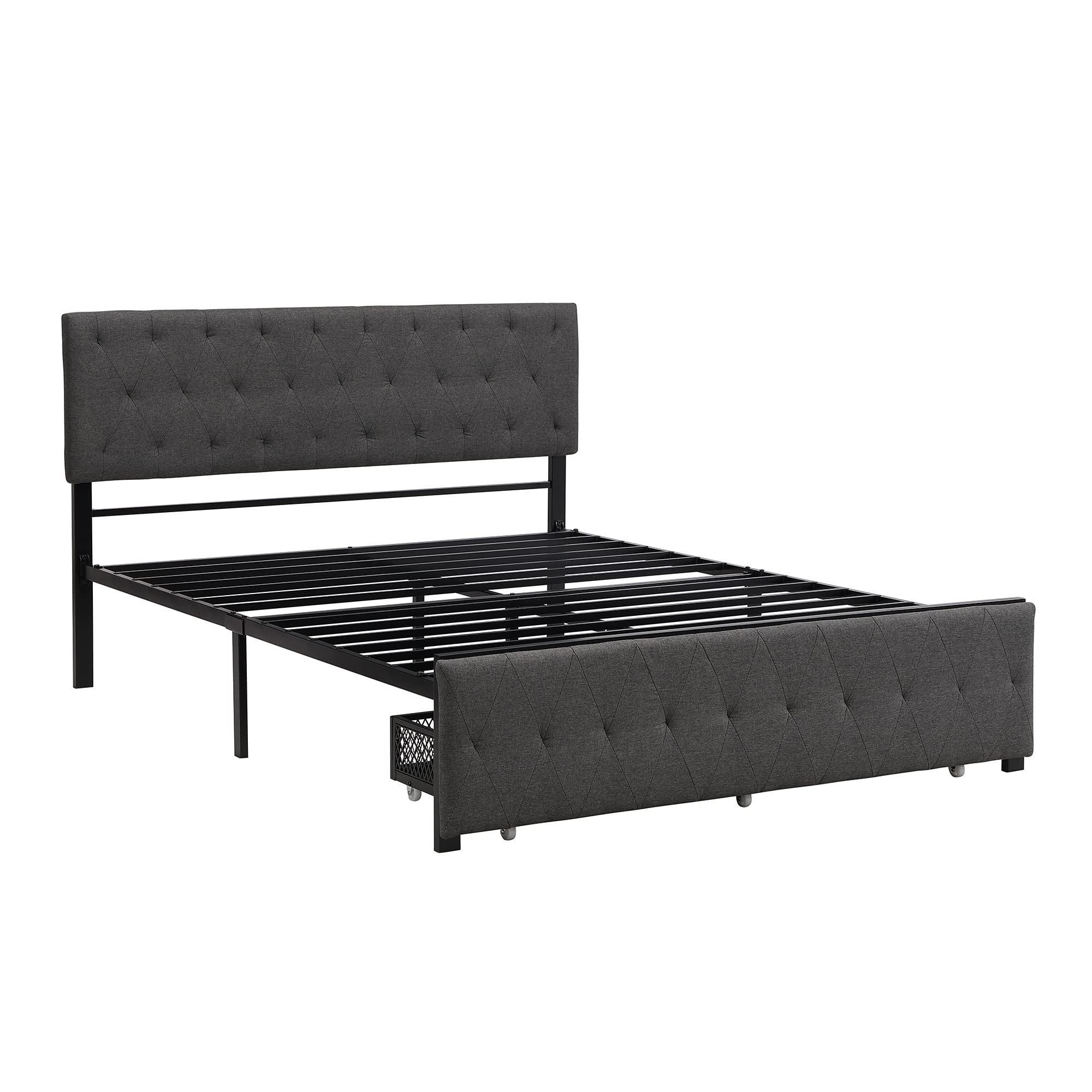 Queen Size Upholstered Storage Bed Frame with Large Drawer - Sturdy Metal Frame & Slat Support System, No Box Spring Needed (Gray) - Perfect for Small Bedrooms & Modern Apartments with Limited Space