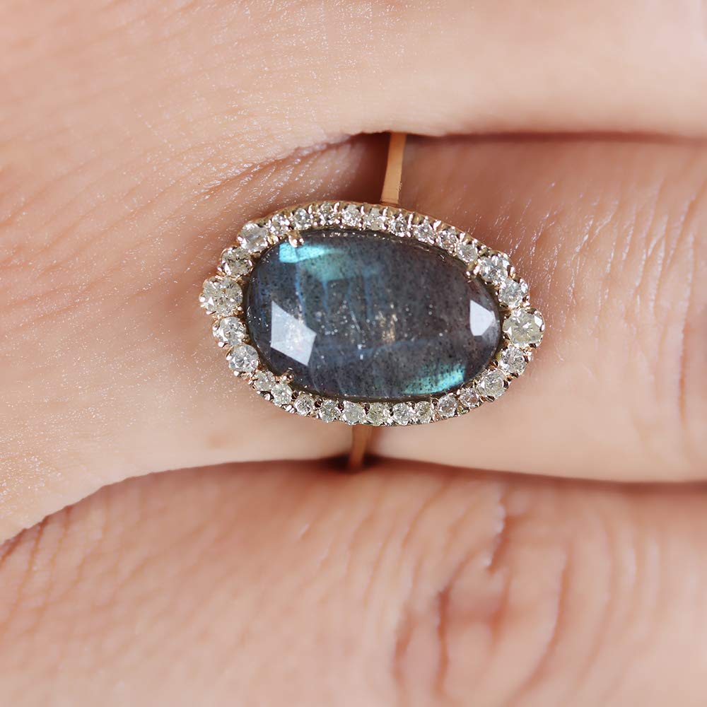 Anjistouch 14K Yellow Gold Labradorite Gemstone Ring with Pave Diamonds | Natural Round Cut Women's Jewelry for Everyday Wear & Special Occasions