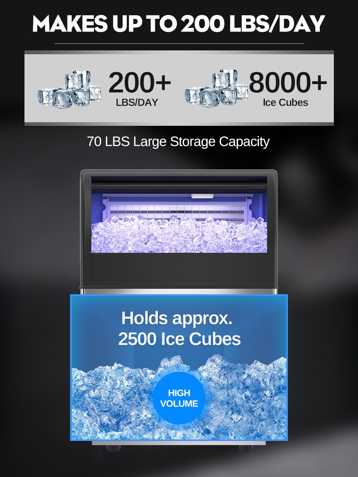 Commercial Ice Maker Machine - 200lbs/24H Stainless Steel Under Counter Ice Machine with 70lbs Storage, Makes 90 Cubes in 12-15 Min | Freestanding Ice Maker for Home, Office, Restaurant, Bar & Commercial Use