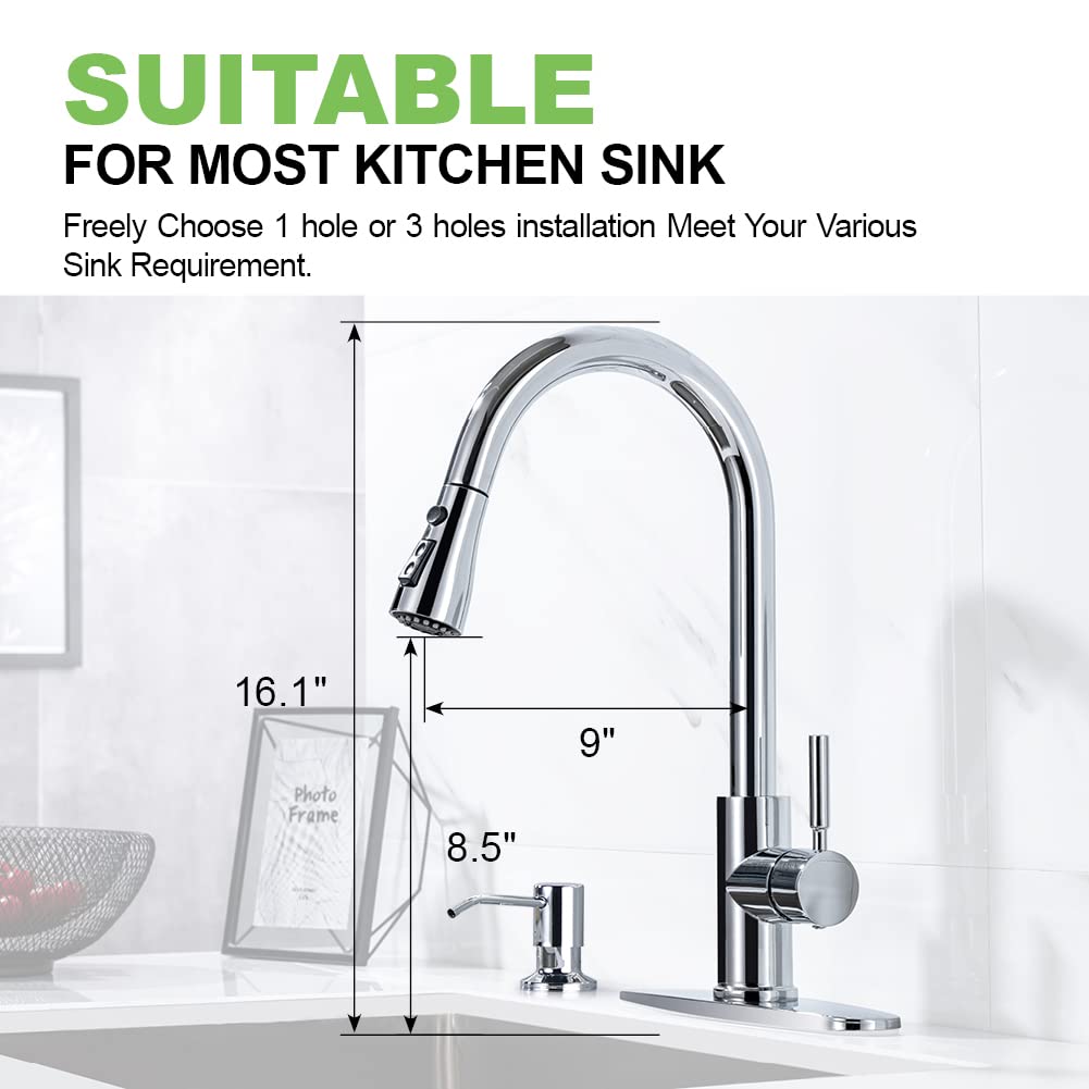 Stainless Steel Pull Down Kitchen Faucet with Sprayer - Single Handle RV Sink Faucet for 1 or 3 Hole Installation - Includes Soap Dispenser in Polished Chrome - Perfect for RV, Camper, Tiny House & Small Kitchen Renovations