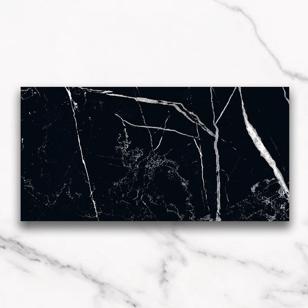 Marbella Nero Marquina 300x600mm Matte Porcelain Tile - Premium Black Floor & Wall Tile for Bathroom, Kitchen & Living Room