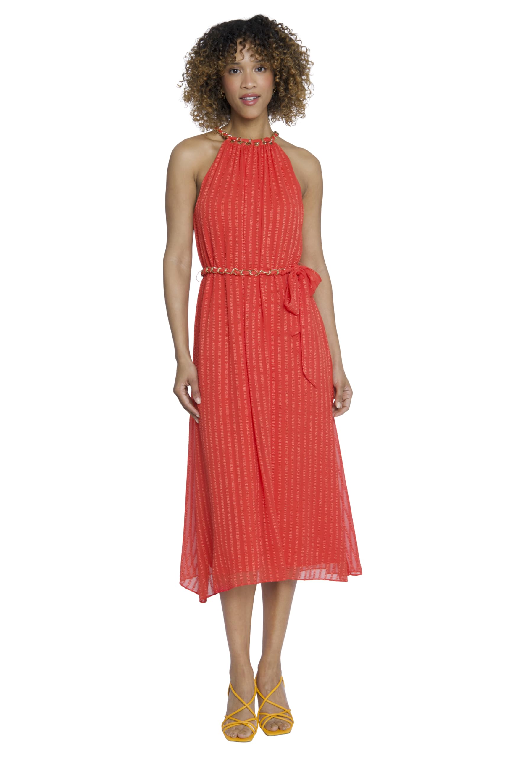 Maggy London Women's Halter Midi Flowy Skirt with Beaded Belt | Elegant Cocktail Dress for Parties, Weddings & Special Occasions