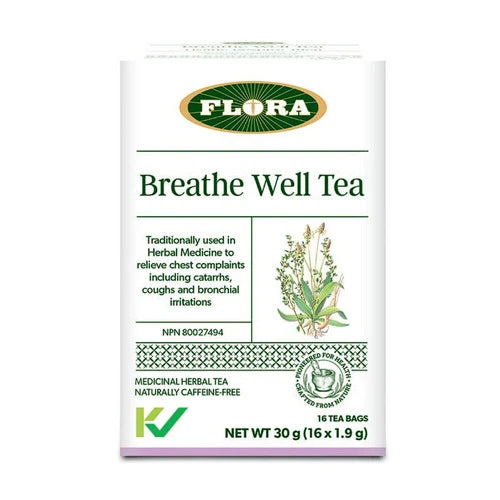 Flora Breathe Well Herbal Tea - 16 Tea Bags for Respiratory Support & Relaxation - Perfect for Cold Season, Allergies, and Evening Wind-Down