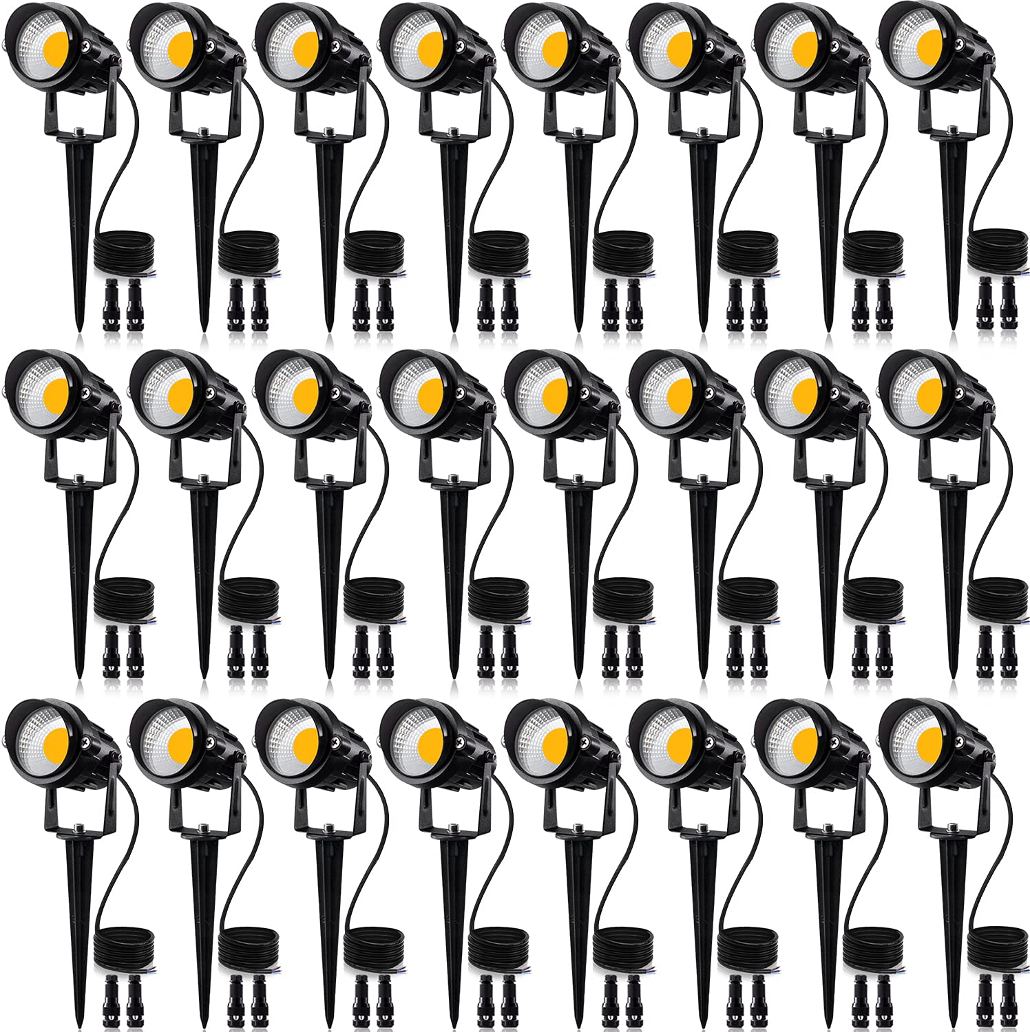 SUNVIE 24 Pack Low Voltage LED Landscape Lights - 12W Waterproof Outdoor Spotlights with Connectors (AC/DC 12V-24V, IP65, Warm White) for Yard, Garden, Pathway, Tree & Flag Lighting - Perfect for Landscape Illumination, Patio Decor, and Driveway Safety
