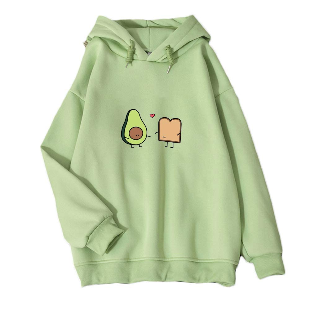 KEEVICI Women's Cute Avocado Print Vegan Bread Cartoon Hoodie - Soft Pullover Sweatshirt for Casual Wear, Lounge & Street Fashion