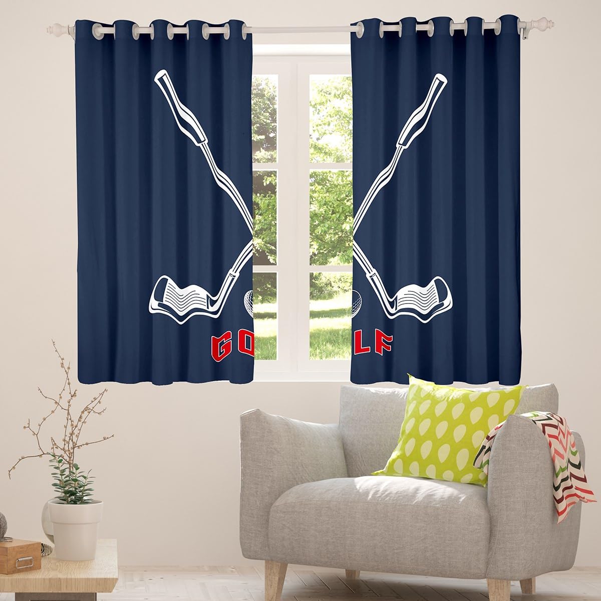Premium Golf Ball Window Curtains - White & Navy Blue Modern Golf Theme Drapes for Kids, Boys, Men & Adults (38