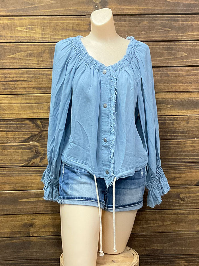 Fate FT4981 Women's Light Denim Off Shoulder Top with Frayed Edge - Casual Summer Tops for Beach, Party & Date Night