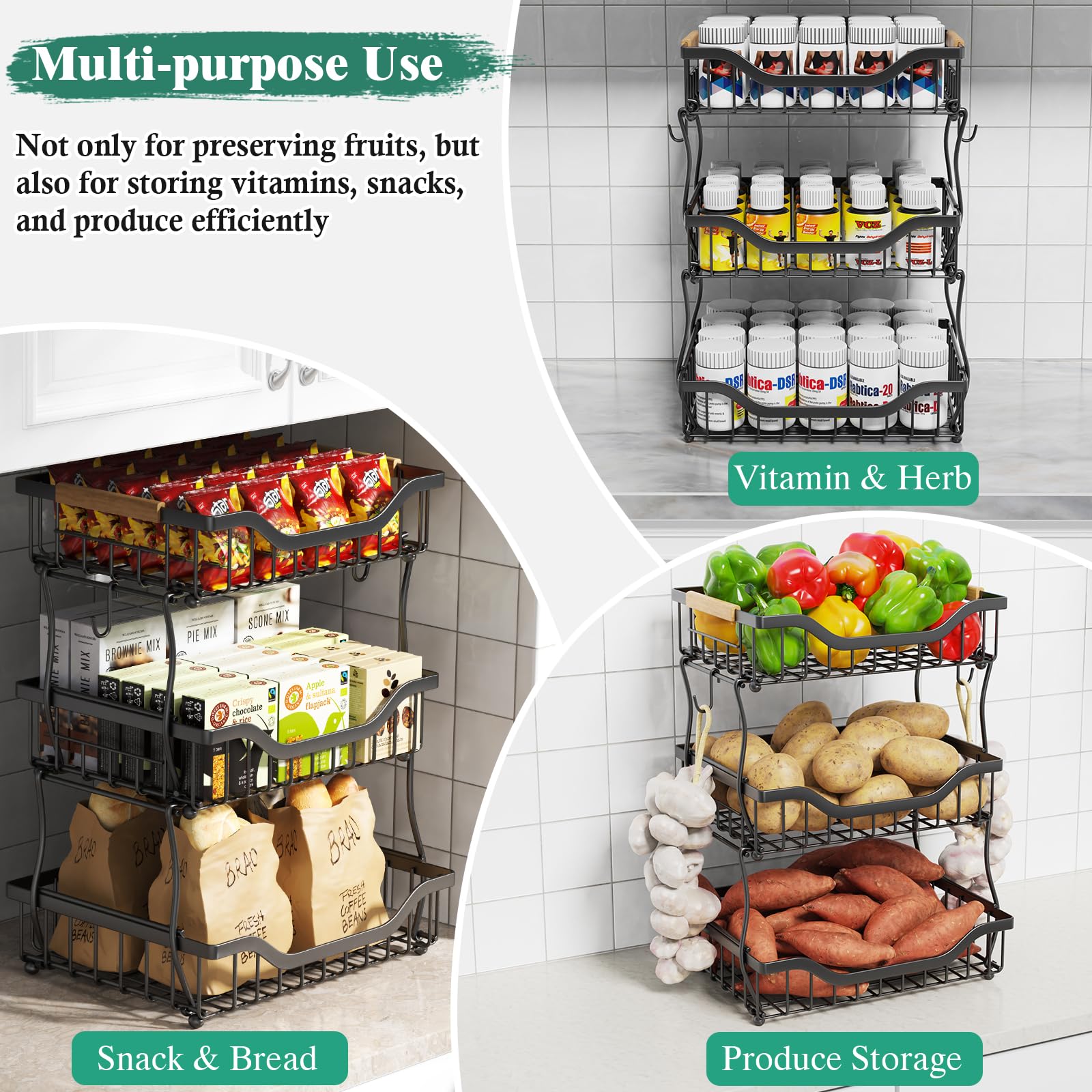 3-Tier Fruit Basket with Banana Hangers - Wall Mount & Countertop Kitchen Organizer for Fruits, Vegetables, Bread, Snacks - Perfect for Small Kitchen Storage & Pantry Organization (Ideal for Apartments, Dorms & Counter Space Saving)