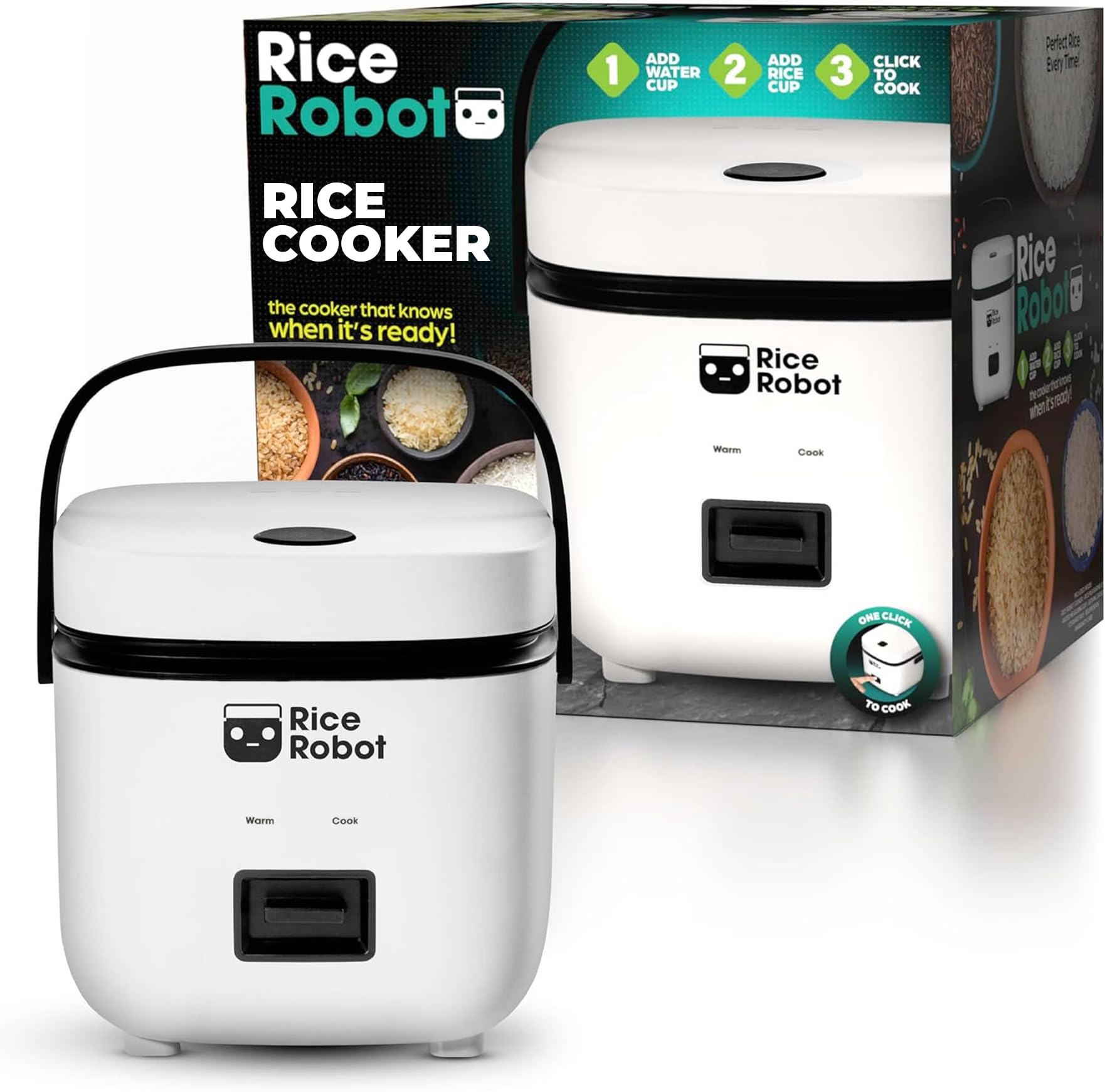 Rice Robot Personal Rice Cooker – PFAS-Free Nonstick 1-Quart Capacity with Stainless Steel Steamer Tray | Includes Measuring Cups, 60-Recipe Book & Serving Spoon | Perfect for Dorms, Offices & Small Kitchens