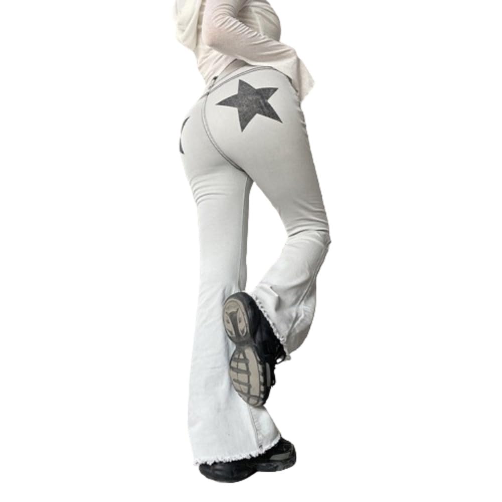 Y2K Retro Star Flared Jeans for Women - High Waisted Cross Print Denim Pants, Vintage Streetwear Casual Trousers | Perfect for 90s Fashion, Festival Outfits & Everyday Wear