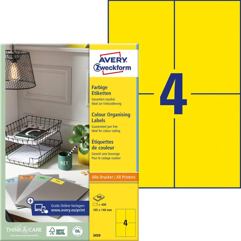 Avery Zweckform 3459 Labels 105x148mm - 100 Color Sheets for Office & Home