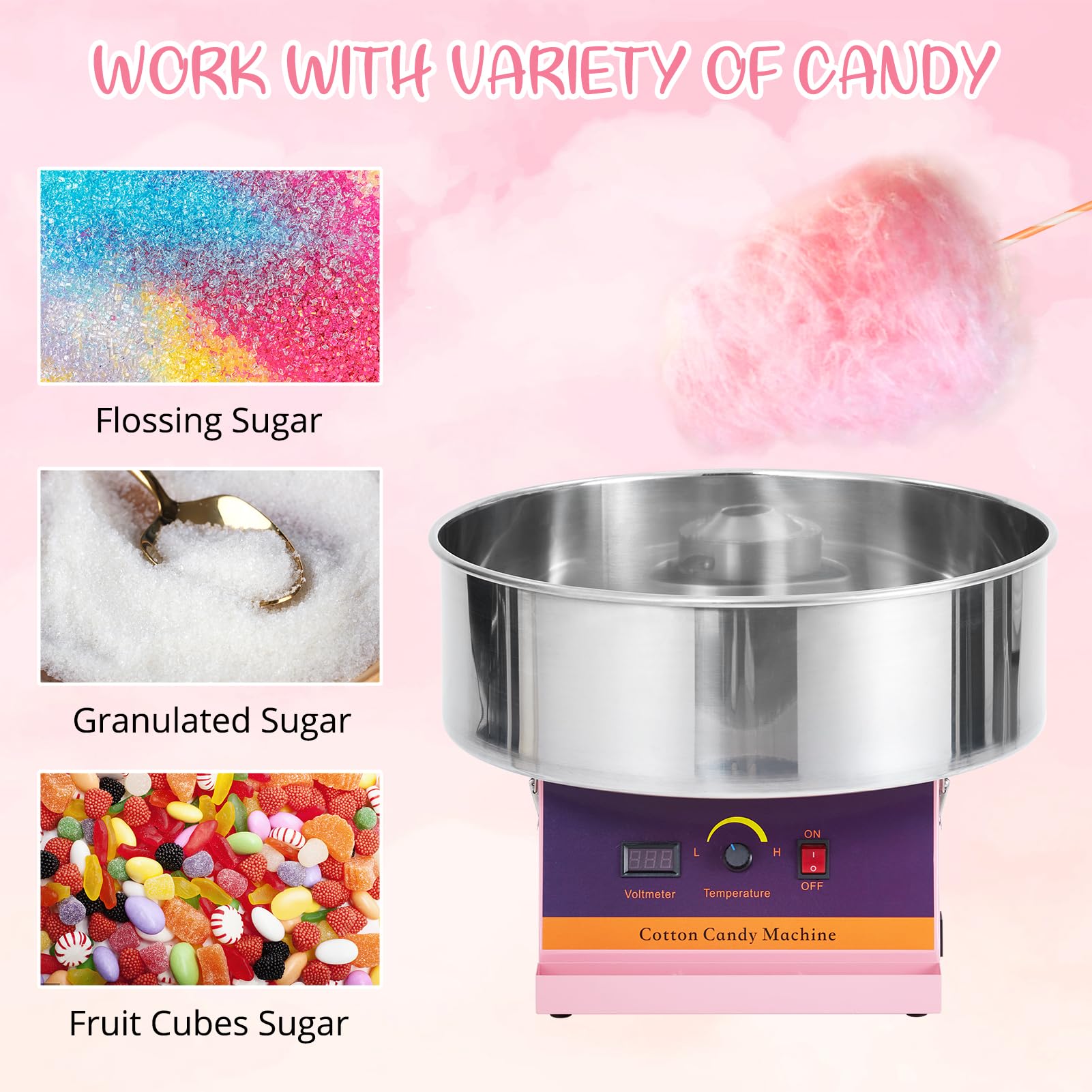 GAOMON 1030W Commercial Cotton Candy Machine with Stainless Steel Bowl & Sugar Scoop - Pink Candy Floss Maker for Home, Parties, Carnivals, Fairs, and Events - Perfect for Birthday Celebrations, Wedding Receptions, and School Fundraisers