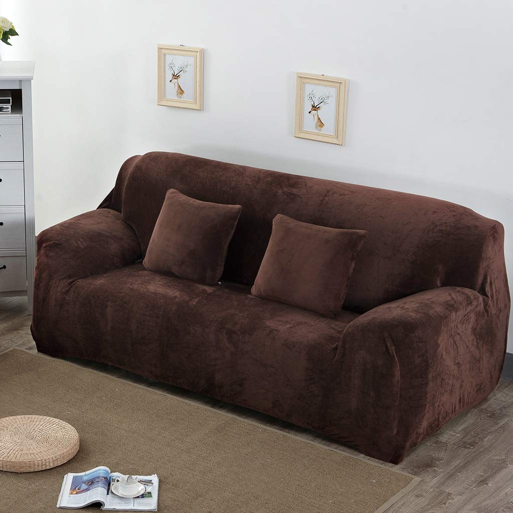 Anti-Wrinkle Velvet Sectional Sofa Slipcover - Thick Plush Suede L-Shaped Couch Cover with Stretch Fabric | Fully Covered Furniture Protector for XXXL Sectional Sofa (Coffee Color) | Perfect for Living Room, Family Room & Home Theater Seating Protection