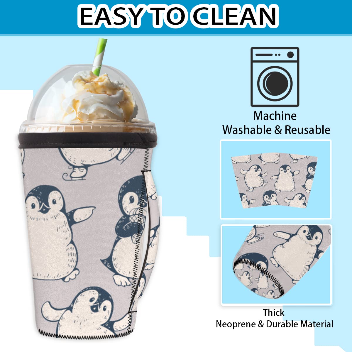 Eco-Friendly Reusable Neoprene Coffee Cup Sleeve - Cute Dancing Penguin Design, Insulated Holder for 16oz Hot/Cold Drinks (Coffee, Latte, Soda) - Perfect for Office, Travel & Outdoor Activities