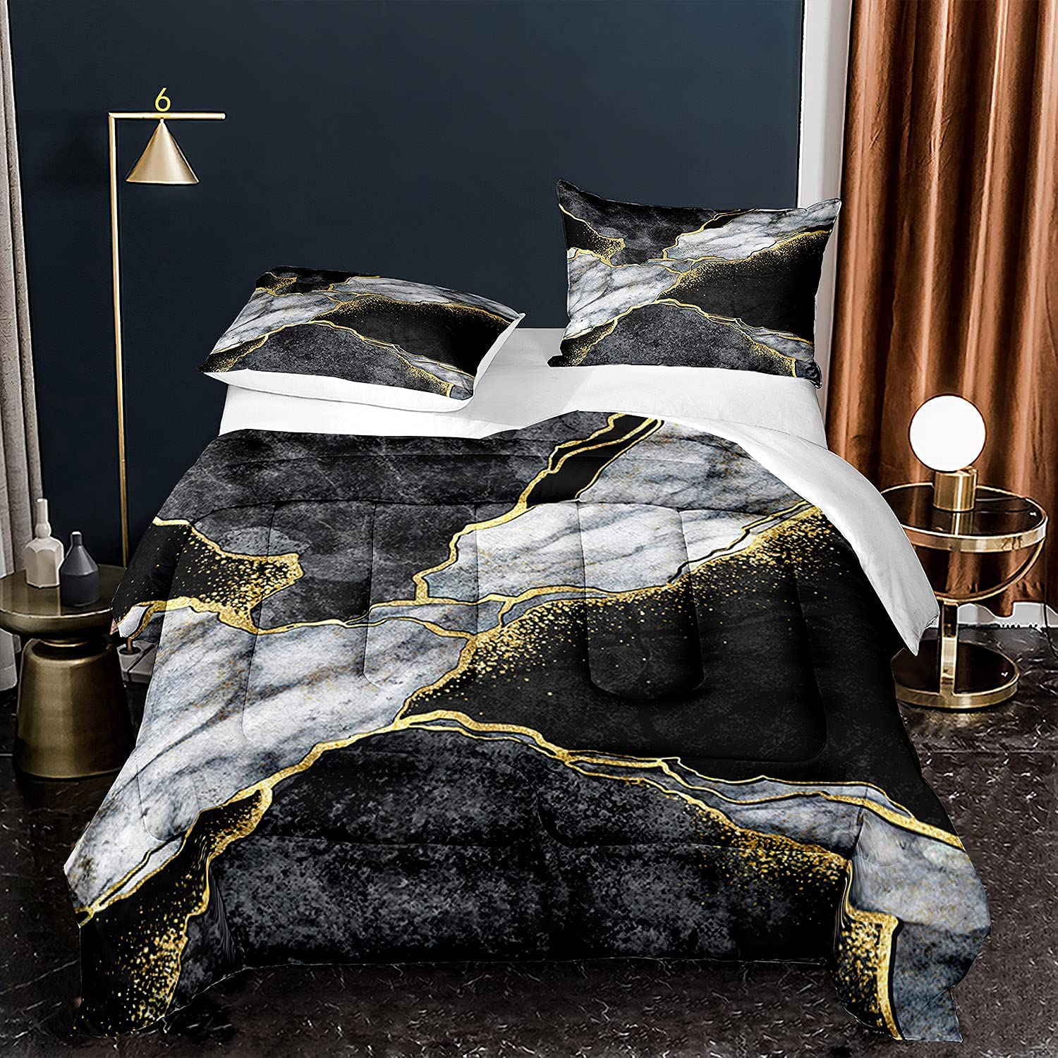 EDUMEYA King Size Marble Bedding Set - Gold Glitter Quicksand Comforter with 2 Pillowcases, Abstract Art Modern Quilted Duvet Cover for Kids, Girls & Women | Perfect for Bedroom Decor, Gift Ideas & Luxury Home Styling