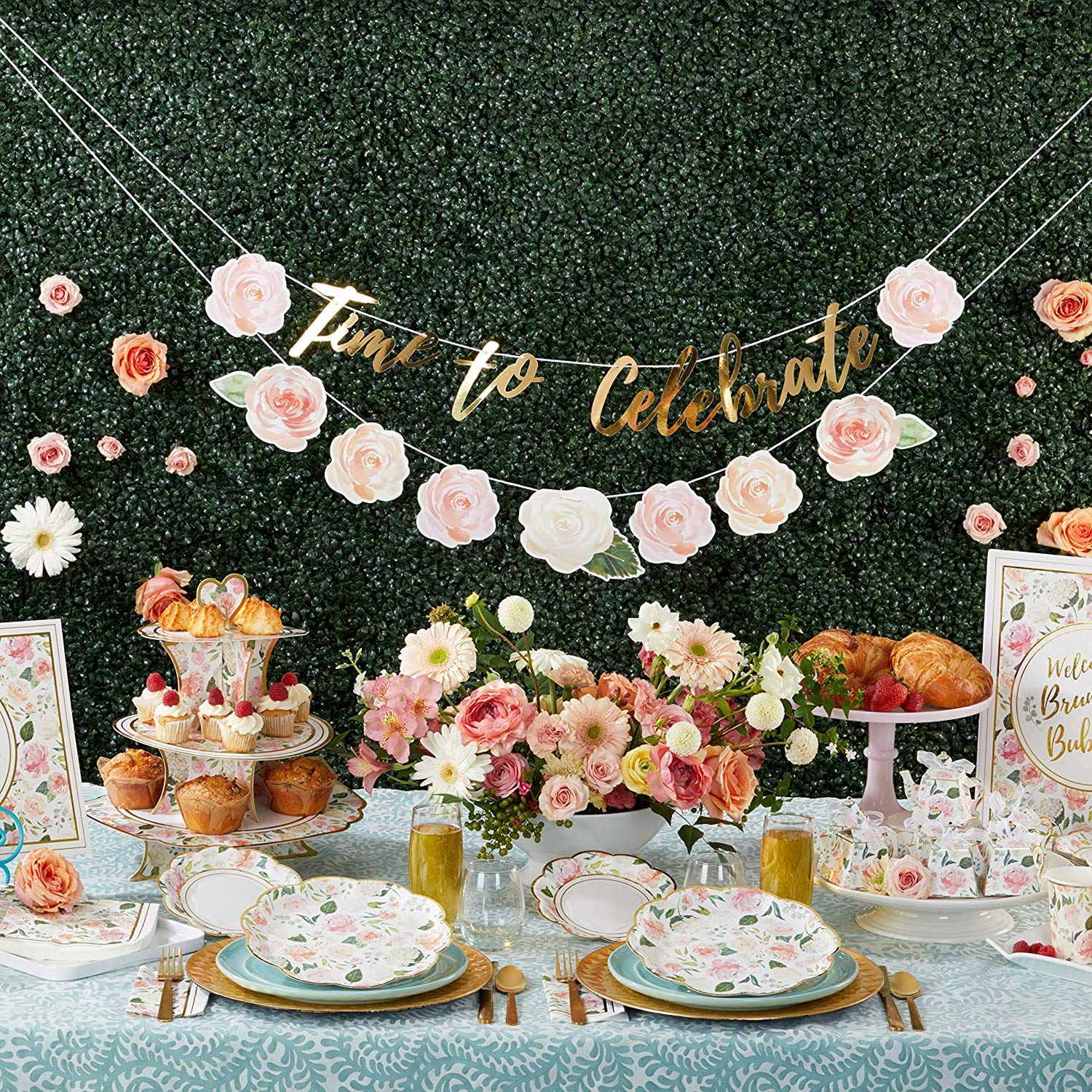 Kate Aspen Floral Brunch Decor Kit - Gold Foil Party Supplies with Banner & Sign for Tea Party, Wedding, Bridal Shower | Perfect for Birthday Celebrations, Baby Showers & Bridal Events