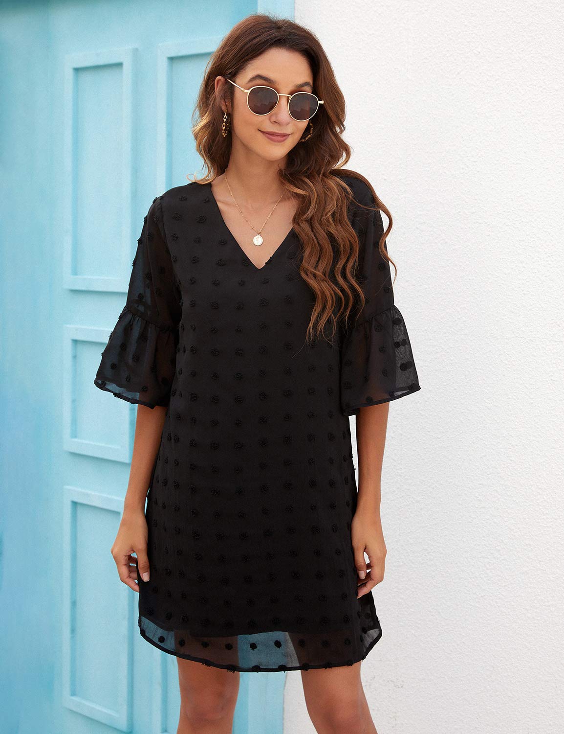 Blooming Jelly Women's White Short Sleeve V-Neck Ruffle Sun Dress - Flowy Chiffon Shift Mini Dress for Summer Beach, Party & Casual Wear