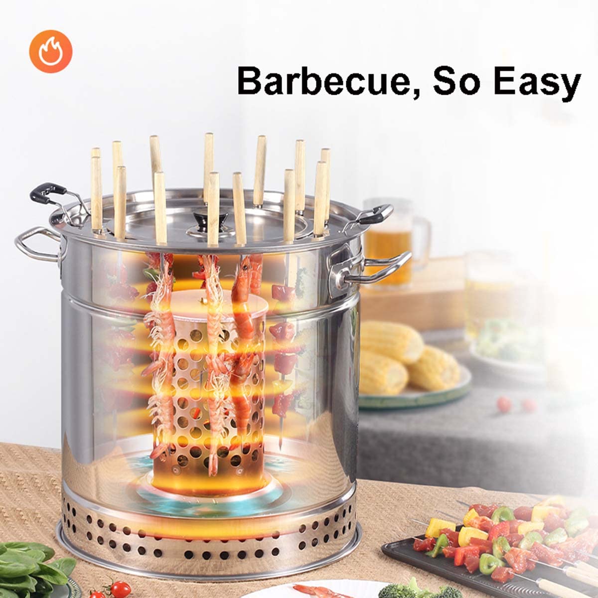 Portable Vertical Charcoal Smoker Grill - 28 Skewers Included - Outdoor & Indoor BBQ Grill for Camping, Backyard, Tailgating - Smokeless Barrel Grill for Perfect Ribs, Chicken & Vegetables