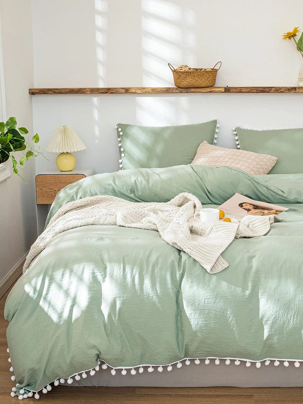 Sage Green and White Pom Pom Cotton Fringe Tassel Duvet Cover - 100% Cotton Button Closure Bedding Set for Twin, Full, Queen & King Size (Small Single) - Perfect for Boho Chic, Farmhouse & Coastal Bedroom Decor