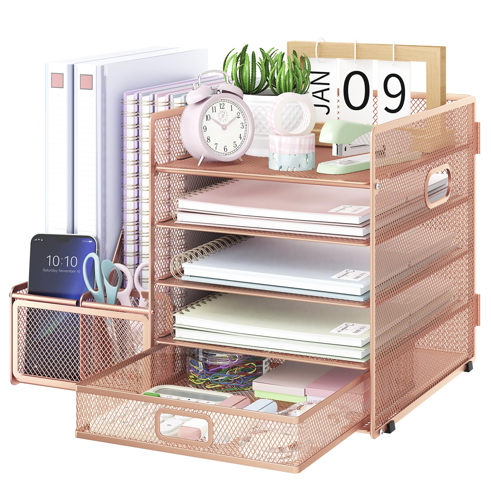 EOOUT 5-Tier Mesh Desk Organizer with File Holder & Magazine Storage - Rose Gold Office Desk Accessories for Paper, Letters, Documents | Perfect for Home Office, Study Room & Workspace Organization