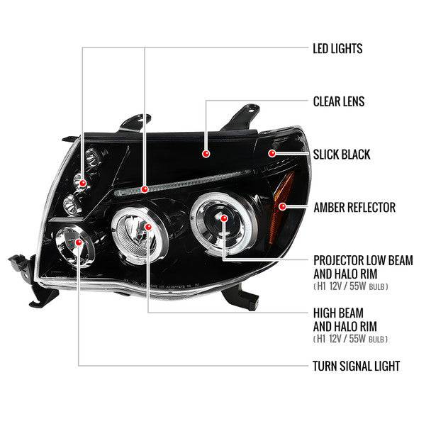 2005-2011 Toyota Tacoma Halo Projector Headlights - Jet Black Housing with Clear Lens - LED Angel Eye DRL - Replacement Headlights for Off-Road & Night Driving