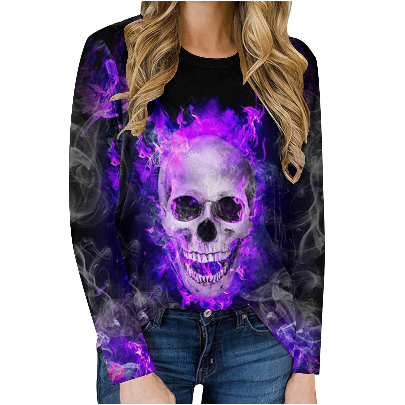 **Women's Halloween T-Shirts - Ghost Pumpkin Bat Print Long Sleeve Fall Shirts | Christmas Party, Spooky Night Out, Costume Party**