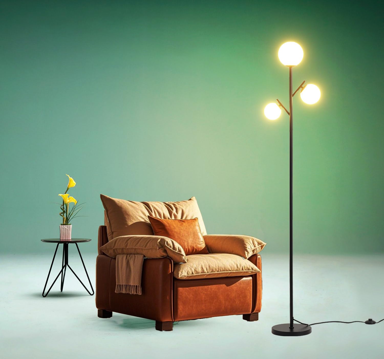 Fiqevs Black Mid Century Floor Lamp - Modern 3 Globe Standing Lamp with LED Bulbs & Frosted Glass Shades, Boho Rustic Tree Lamp for Living Room, Bedroom, Office | Perfect for Reading Nook, Cozy Corner & Home Decor
