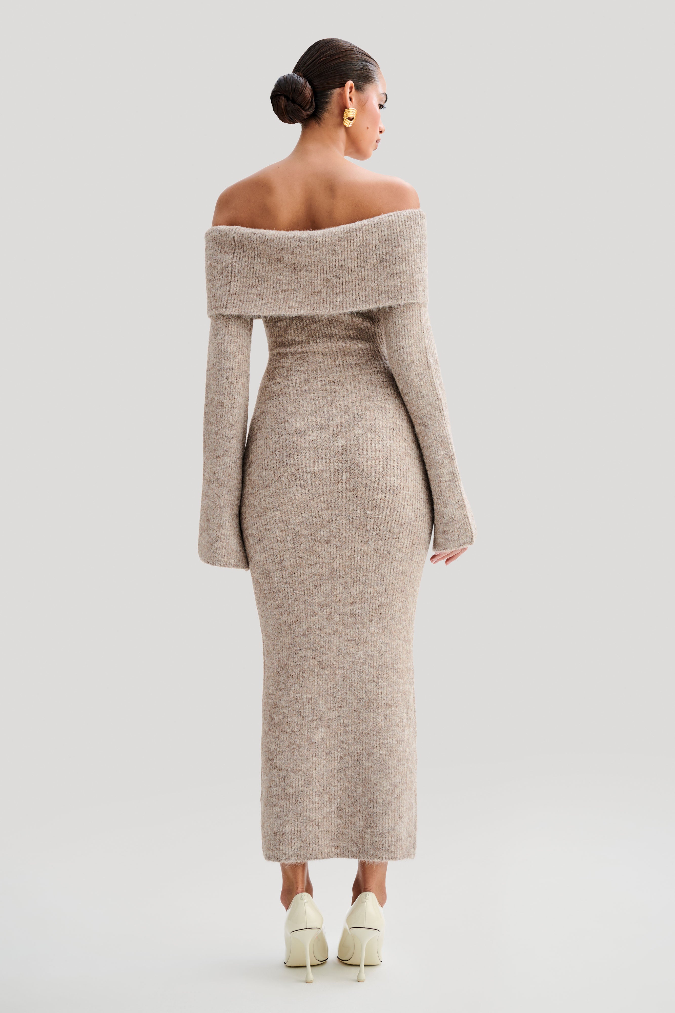 Baxter Off Shoulder Fluffy Knit Midi Dress in Taupe Marle - Soft Winter Sweater Dress for Date Night & Holiday Parties